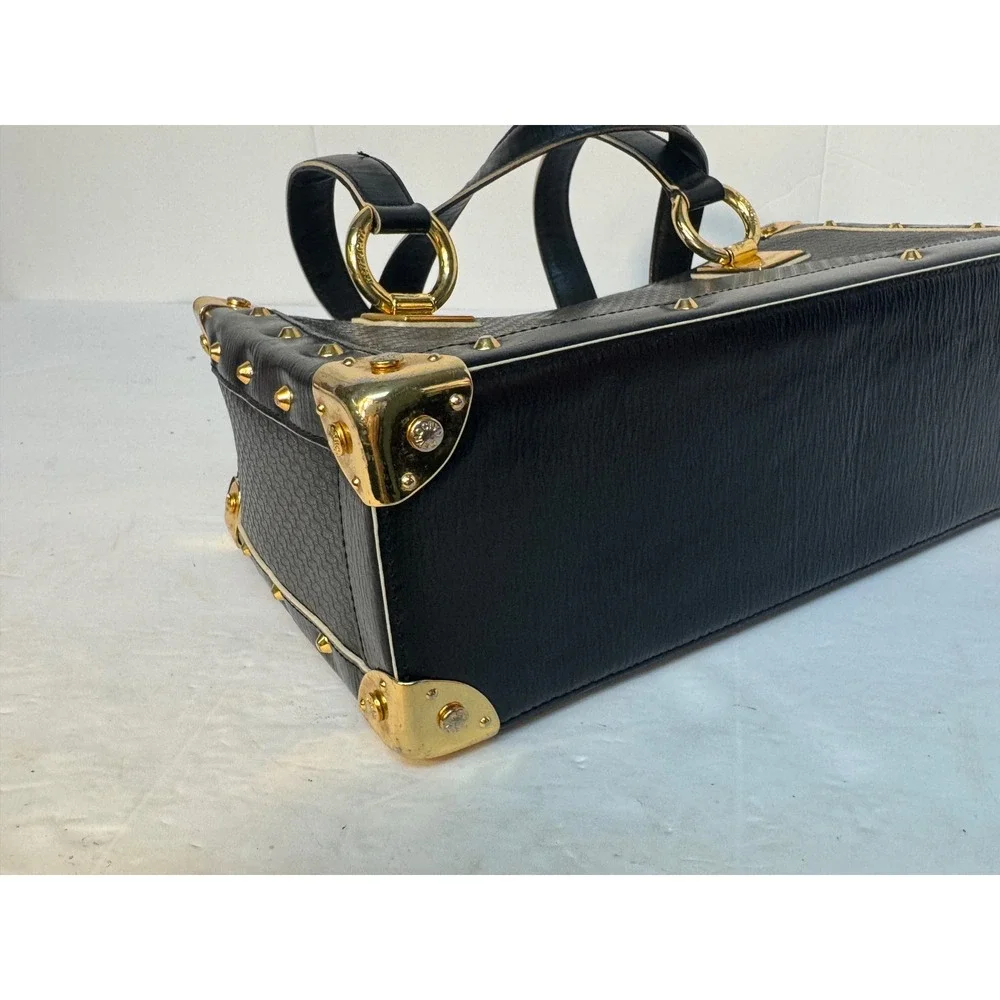 Metrocity Black Monogram Leather Trunk Satchel Bag Gold Studded Hardware